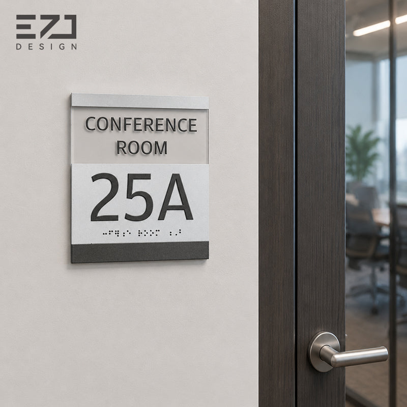 Silver-painted acrylic tactile room ID sign for conference room and interior door signage application reference