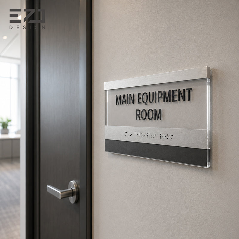 Silver-painted acrylic Braille facility sign mounted as an interior application reference