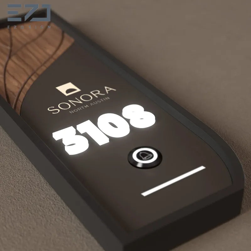 Modern Walnut Wood Hotel Door Sign with Doorbell