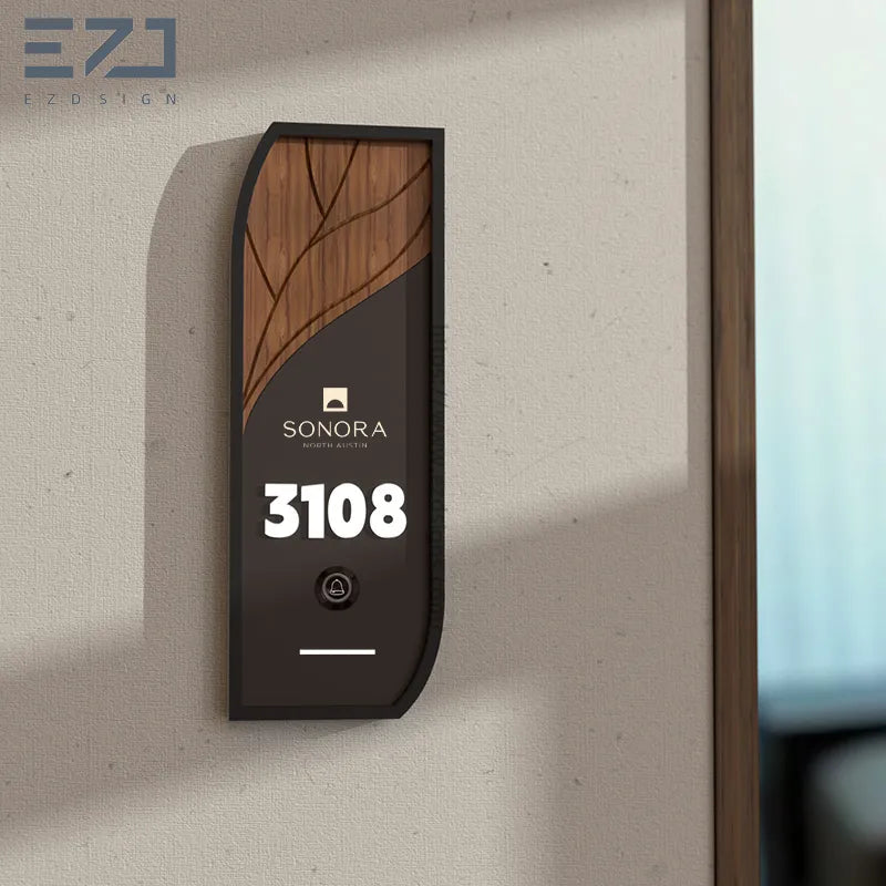 Modern Walnut Wood Hotel Door Sign with Doorbell