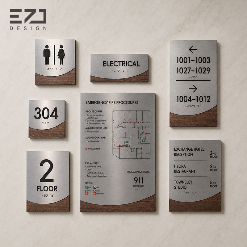 Matching interior signage family with wood-grain stainless steel finish