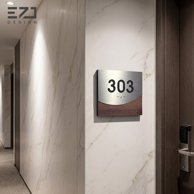 Application reference for hotel room number sign on corridor wall