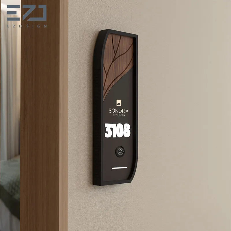 Modern Walnut Wood Hotel Door Sign with Doorbell