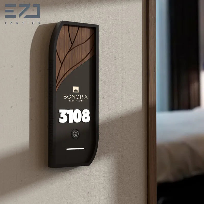Modern Walnut Wood Hotel Door Sign with Doorbell